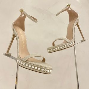 Stuart Weitzman Pearl-Embellished Glitter Platform Sandals in Champagne